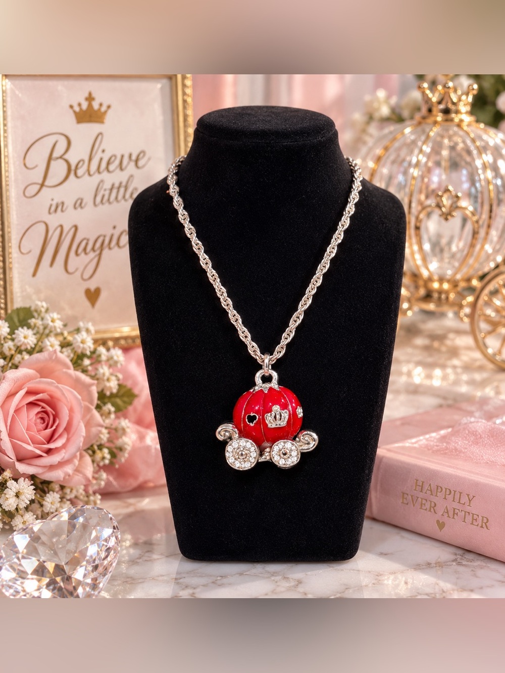 Cinderella Red Pumpkin Carriage Necklace 3D Rhinestone Princesscore